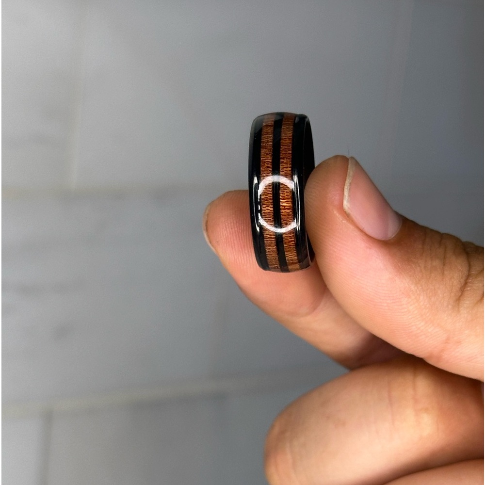 Black Domed Ceramic Ring with Koa Wood Inlay Size 10